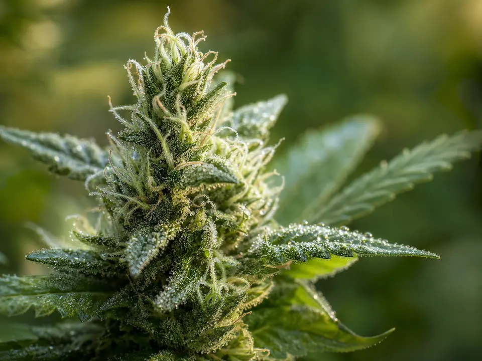 Macro view of a botanical hemp flower with visible trichomes